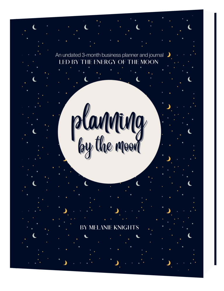 Image of Indigo coloured book with stars and moon overlay and words which read Planning By The Moon